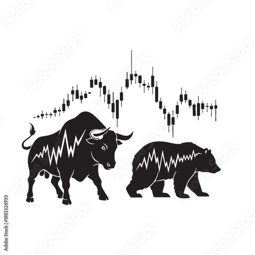 Black bull and bear silhouettes with stock market graphs on their bodies and candlestick chart above