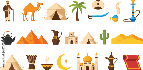Middle Eastern Desert Culture Icons Collection with Camel Tent Mosque and Traditional Objects Flat Vector Illustration Set