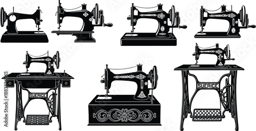 Vintage sewing machine silhouettes, antique tailor equipment set, black vector illustration, retro fashion industry concept, isolated white background collection design