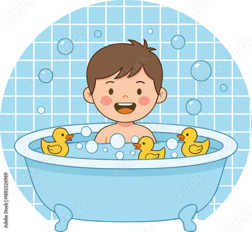 Happy Child Taking Bath Illustration with Bathtub, Soap Bubbles and Rubber Ducks Flat Vector