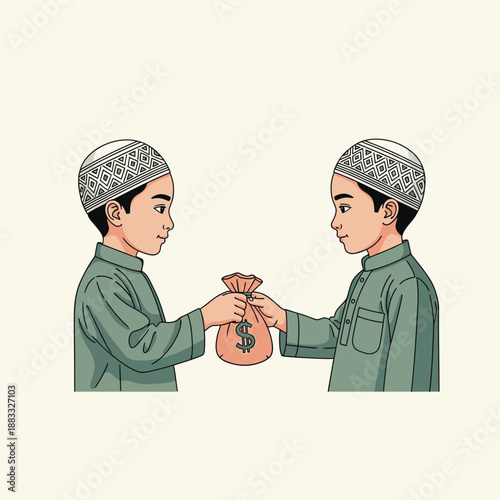 Two young boys exchanging a bag of money, symbolizing charity and giving.