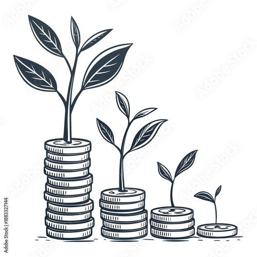 Stacks of coins with growing plants growth money finance