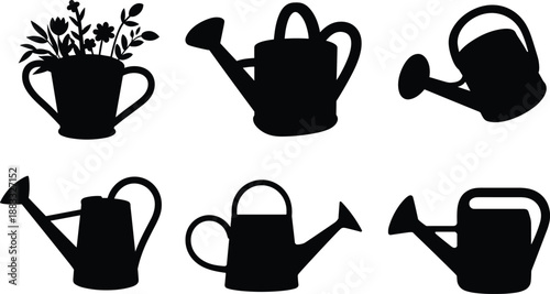 Watering can silhouettes set, garden tools collection, plant care equipment, flower watering icons, black vector illustration, home gardening design, isolated