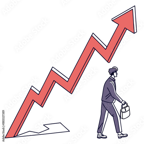 Man walking with briefcase beside rising red arrow graph