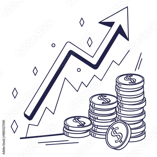 Rising arrow and stacks of dollar coins on white background