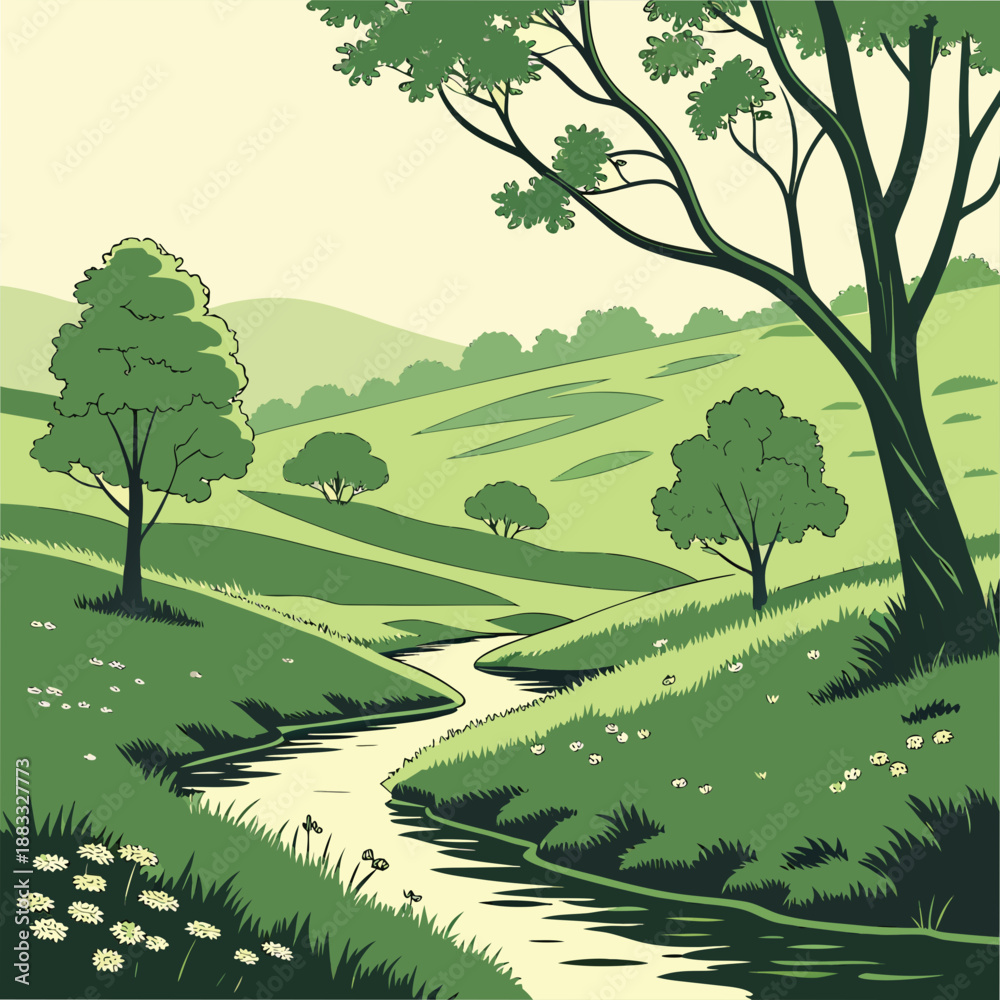 Fototapeta premium Serene green landscape with flowing stream and trees