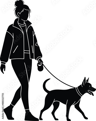 Woman walking dog silhouette, pet owner outdoor activity, daily прогулка, urban lifestyle, companionship, leash training, black vector illustration, minimal design