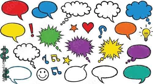 Collection of comic book style graphic elements including explosions lightning bolts speech bubbles and hearts