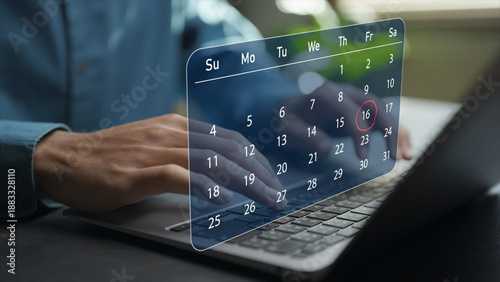 Highlight appointment reminders with calendar alerts on virtual screen. Scheduling management, time organization and productivity support for business and personal planning.
