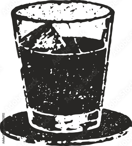 Glass of black coffee with saucer in vintage engraved illustration