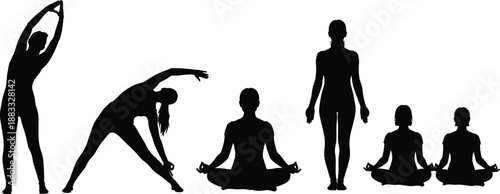 Yoga silhouettes sequence, showing stretching, meditation mindfulness, balance fitness wellness, women poses, relaxation harmony, flexibility calm, strength breathing, health tranquility