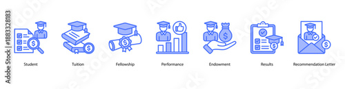 Student Financial Aid web banner icon vector illustration featuring Student, Tuition, Fellowship, Performance, Endowment, Results, and Recommendation Letter.