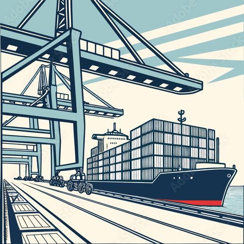 Cargo ship at maritime logistics terminal with container cranes