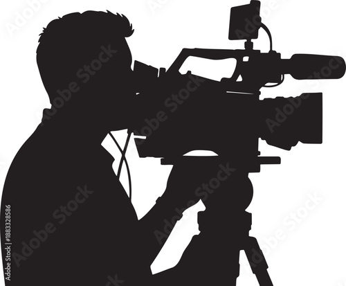 Silhouette of a skilled videographer operating a professional broadcast camera on a tripod capturing moments with focus and precision