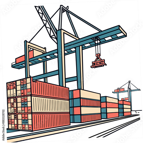 Colorful shipping containers at busy seaport terminal with cranes