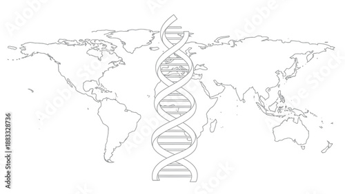 A world map outline with a DNA double helix illustration superimposed. Simple design