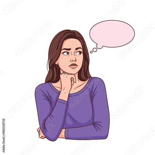 Woman contemplating a decision with a thoughtful expression and a speech bubble.