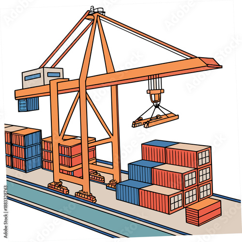 Orange crane lifting shipping container at seaport with stacked containers