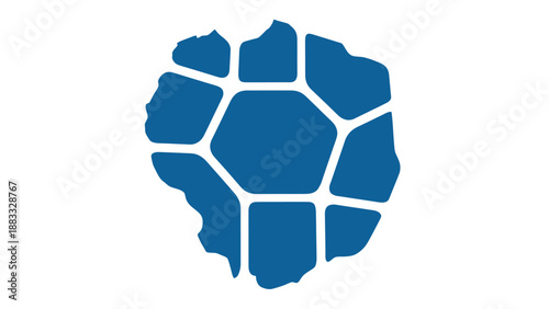 A stylized blue shape comprised of interconnected irregular polygons on a white background