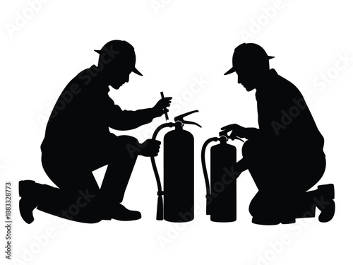 Workers inspecting fire extinguishers isolated on white background, Vector, illustration