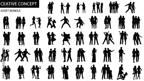 Collection of human silhouettes in various poses and actions isolated on white background
