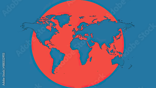Stylized map of Earth with continents in blue against a red circle on a blue background