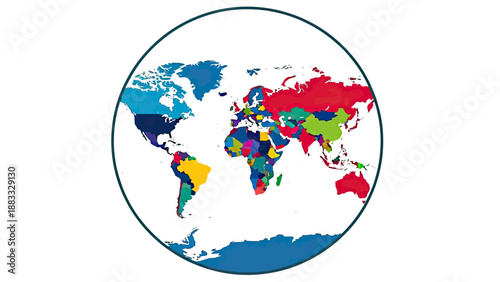 A colorful, simplified world map of countries within a circular border