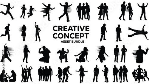 Black silhouettes of people in various poses and actions isolated on white background