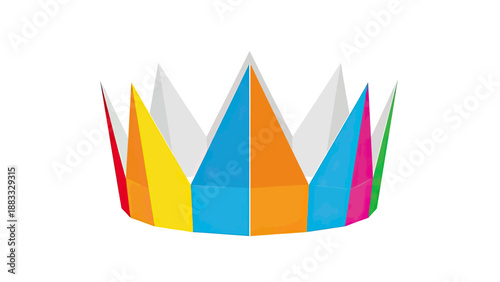 Colorful geometric crown design with prism-like facets on a white background