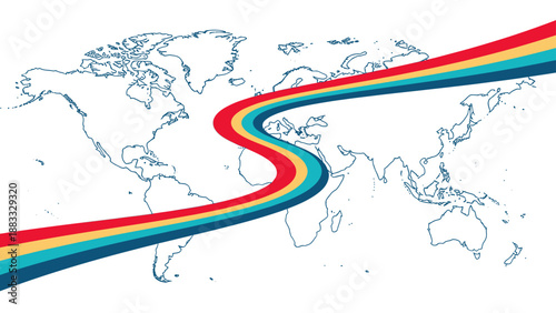 World map with outline in blue, a colorful, wavy stripe overlayed across the globe