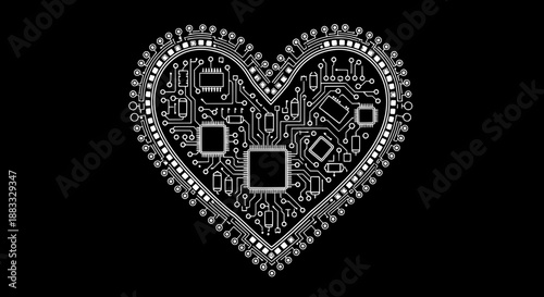 Detailed Circuit Board Heart Shape Vector Illustration on Black Background
