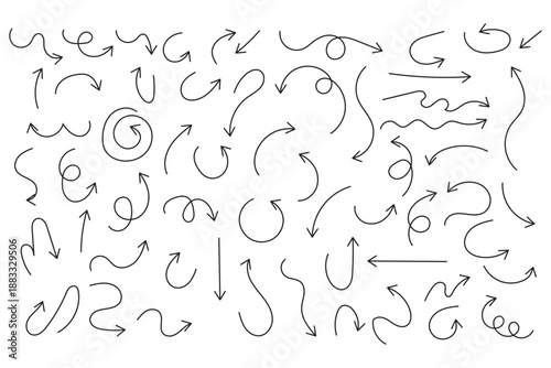 Hand drawn line arrows icons set collection. Arrow vector elements hand drawn arrows brush stroke curly arrow collection. Vector illustration isolated on white background.