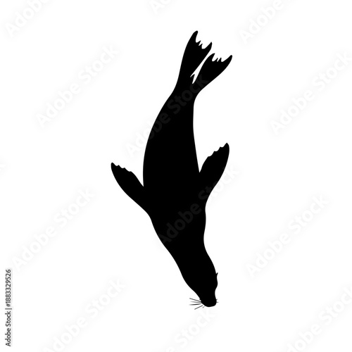 A striking black silhouette of a marine seal or sea lion gracefully diving downwards against a clean white background.