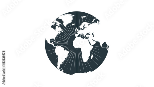 Abstract illustration of the globe. Depicts a world map in a simple, artistic, sunburst design