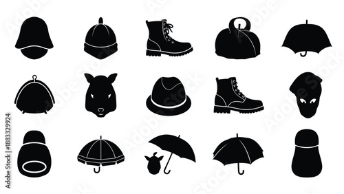 Collection of 15 black silhouette icons including hats, bags, boots, and umbrellas isolated on white background