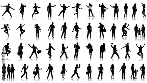 Collection of business people in various poses silhouette style isolated on white background