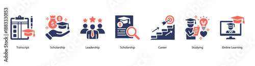 Scholarship and Career Growth web banner icon vector illustration featuring Transcript, Scholarship, Leadership, Scholarship, Career, Studying, and Online Learning.