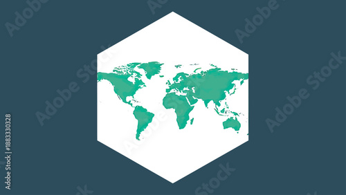 Stylized map of the world in green within a white hexagon, set against a dark teal background