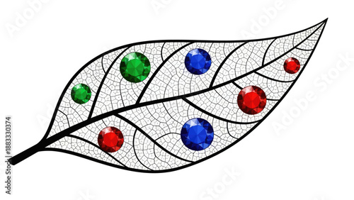 Stylized leaf skeleton filled with texture and decorated with colorful gem shapes