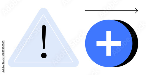 Problem-solving concept. Warning symbol indicates caution and leads to a positive plus icon suggesting solutions and progress. Problem-solving for business, innovation, healthcare, communication
