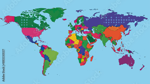 A vibrantly colored world map displaying the continents and countries, with a light blue background