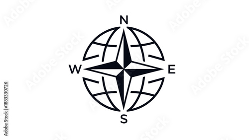 A minimalist compass design, set against a white backdrop, pointing North, South, East, and West