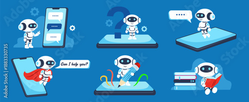 Vector Set of AI chat bot. Cute robot with smartphone on blue background. AI chat bot based on artificial intelligence and neural networks.