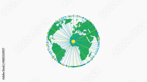 Stylized Earth illustration with radial lines and connecting dots, on a white background