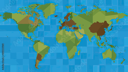 A simplified, geometric, vector illustration of the world map in shades of green and brown