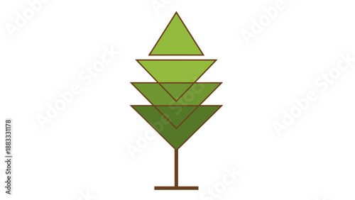 Stylized, geometric tree illustration.  Four layered triangles form the canopy atop a brown stem