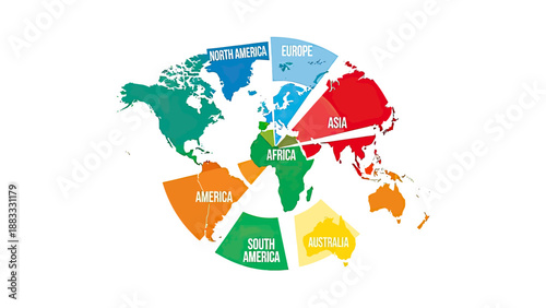 Colorful map of the world, with continents segmented and labeled. White background