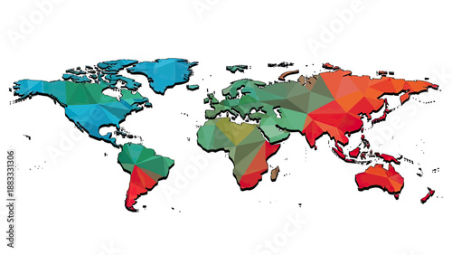 Low-poly, colorful world map graphic with faceted continents and shadows