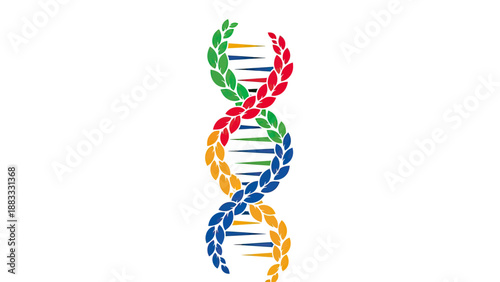 Colorful DNA double helix design with leaf-like accents on a white background