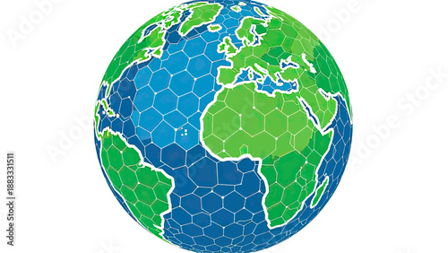 A stylized globe graphic with continents in green, oceans in blue, and a hexagonal pattern